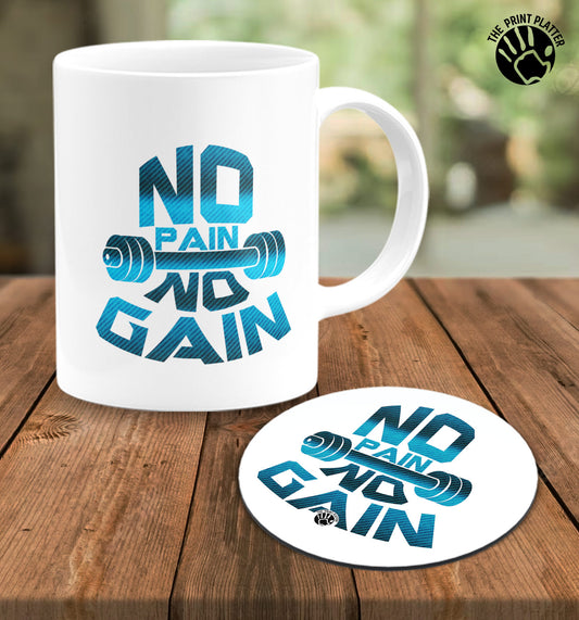 No Gain No Pain White Cermic Coffee Mug With Tea Coster 330 ml, Microwave & Dishwasher Safe| TM-R35