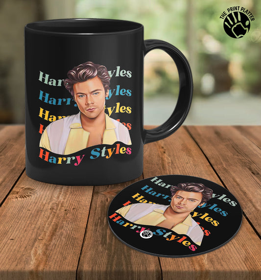 Harry Styles Full Black cermic Coffee Mug With Tea Coster 330 ml, Microwave & Dishwasher Safe| TM-R48