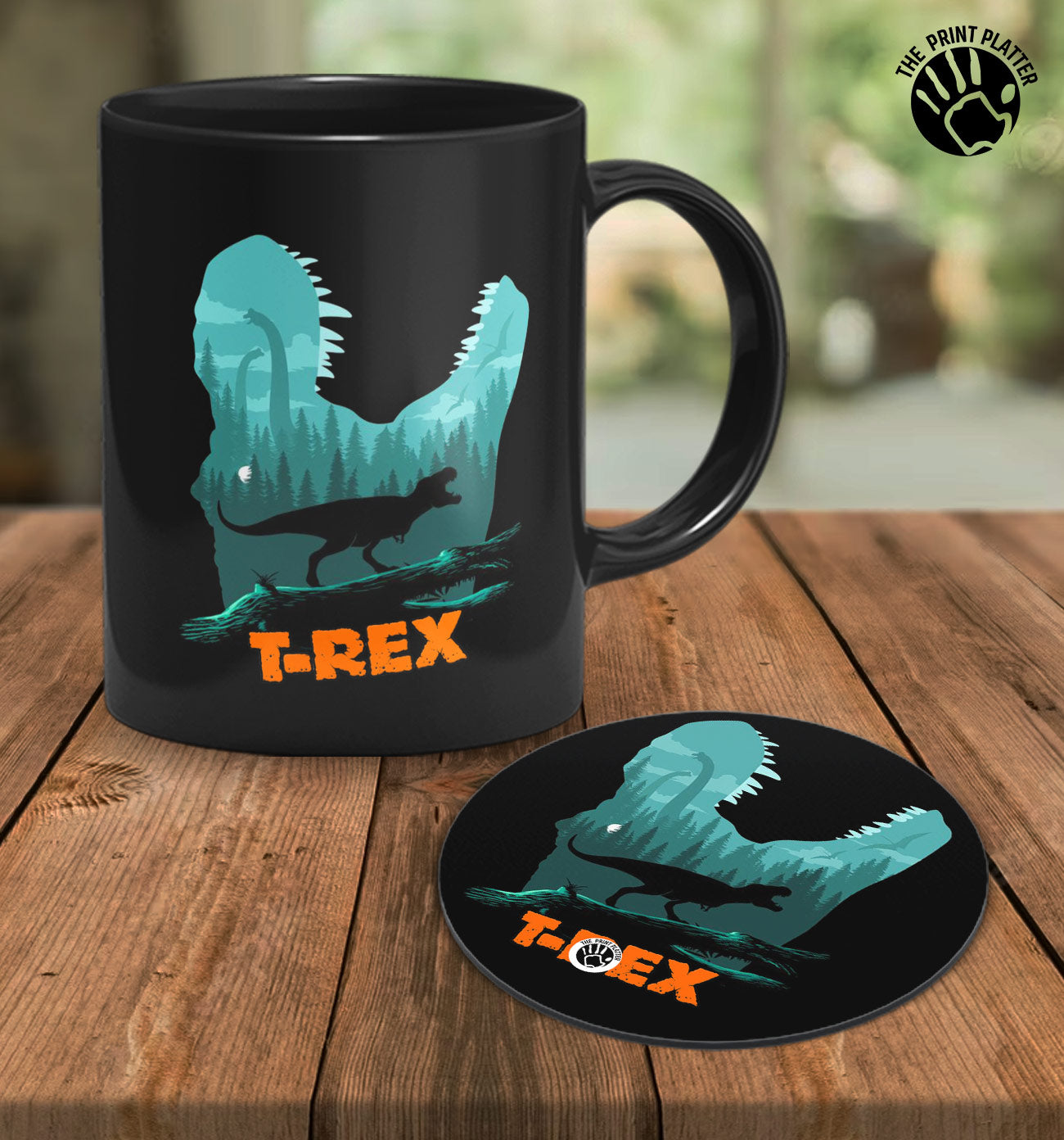 T-Rex Jurassic Park Full Black cermic Coffee Mug With Tea Coster 330 ml, Microwave & Dishwasher Safe| TM-R55