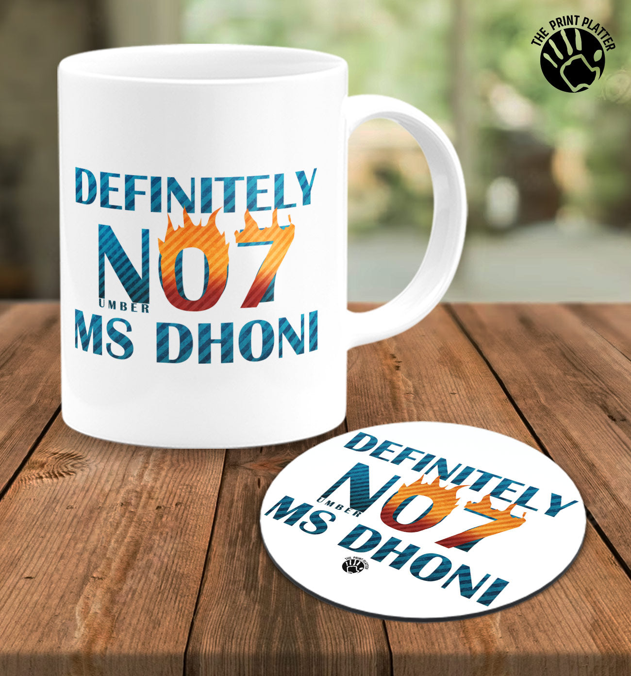 Definitely No.07 MS Dhoni White Cermic Coffee Mug With Tea Coster 330 ml, Microwave & Dishwasher Safe| TM-R70