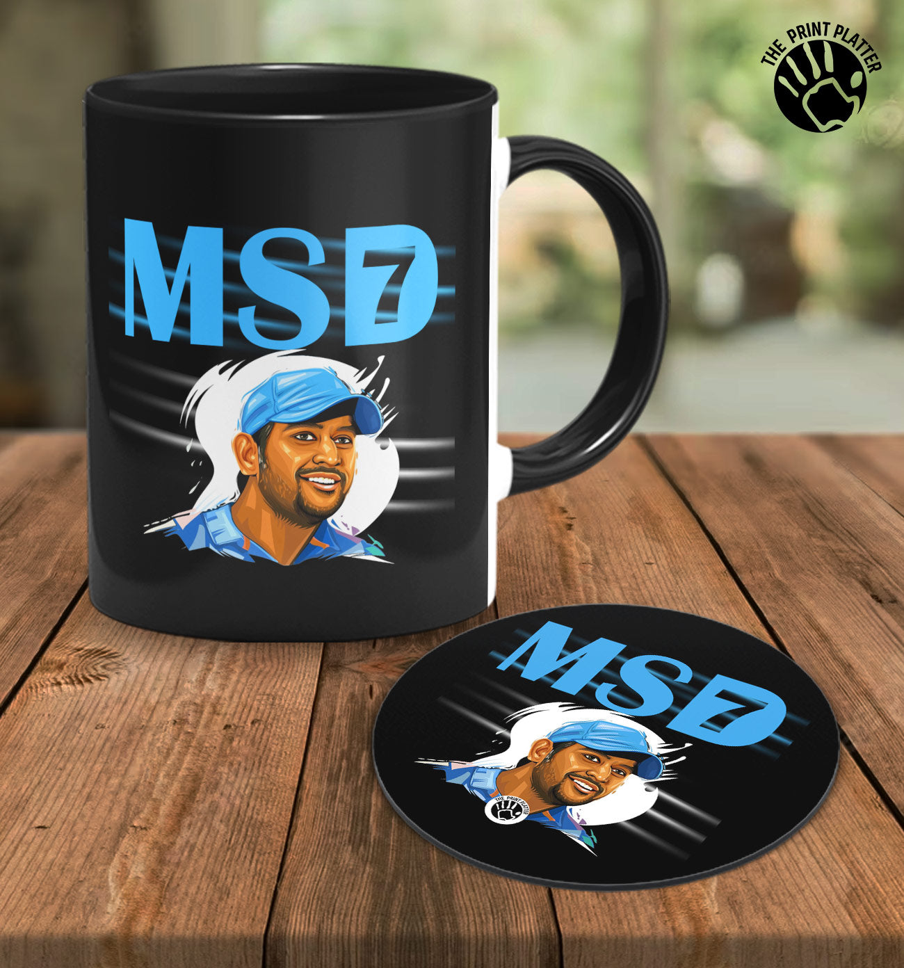 MS Dhoni 07 Inside Black Cermic Coffee Mug With Tea Coster 330 ml, Microwave & Dishwasher Safe| TM-R71