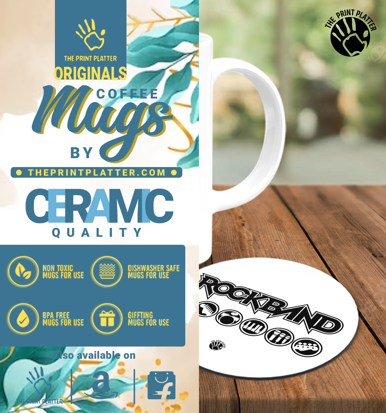 Rock Band White Cermic Coffee Mug With Tea Coster 330 ml, Microwave & Dishwasher Safe| TM-R87