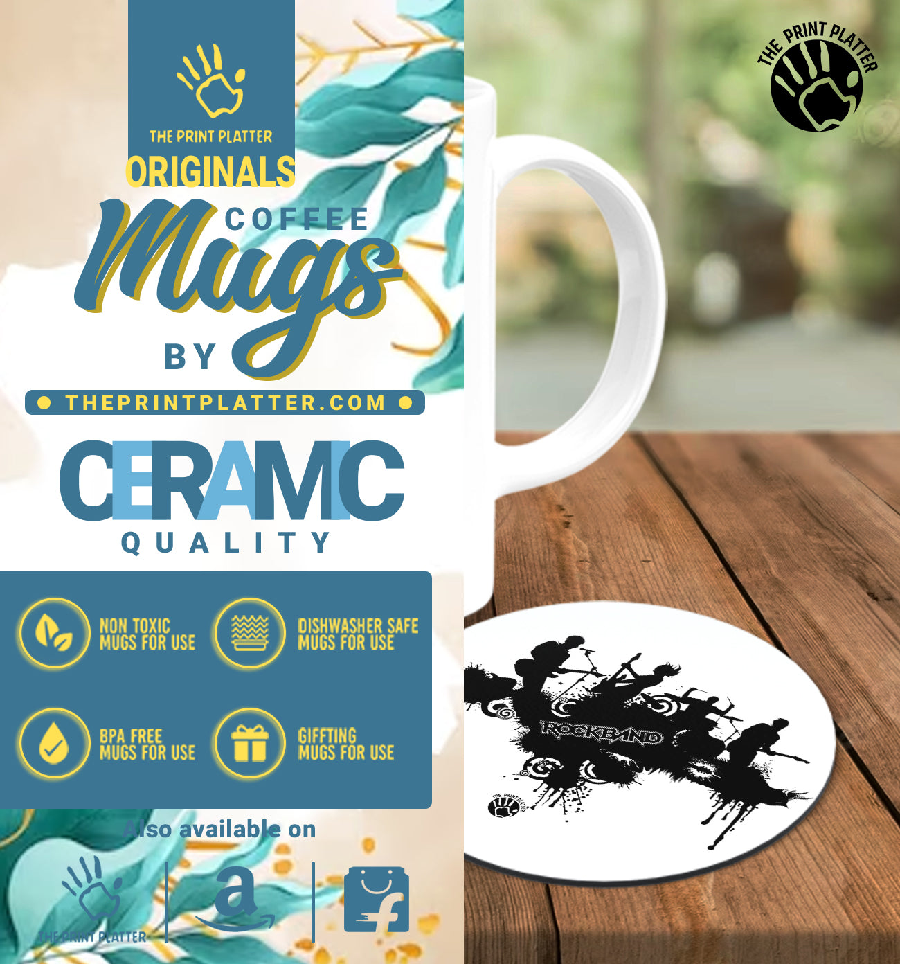 Rock Band White Cermic Coffee Mug With Tea Coster 330 ml, Microwave & Dishwasher Safe| TM-R88